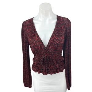 Zara Black Red Floral Long Sleeve Deep V-Neck Peplum Pleated Blouse Top Size S